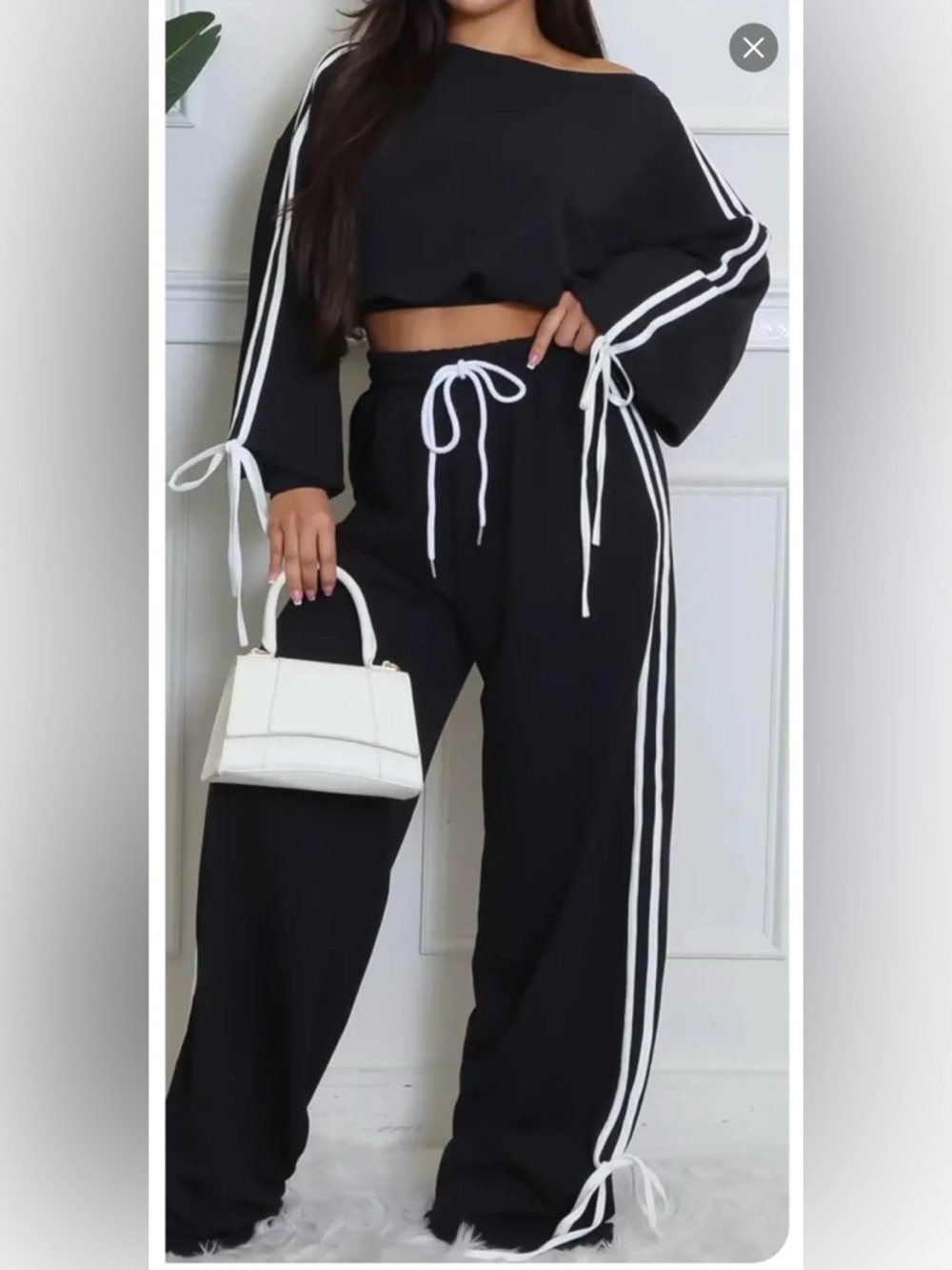 Black Off The Shoulder Cropped Set with White Stripes